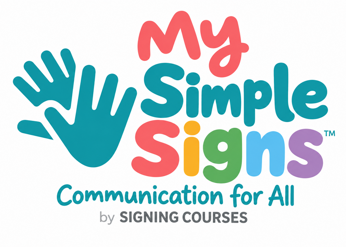 Logo for My Simple Signs Communication for All by Signing Courses, featuring colorful playful text and a teal hand icon on a white background.