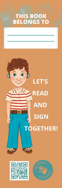 Bookmark with a child illustration and text on a brown background